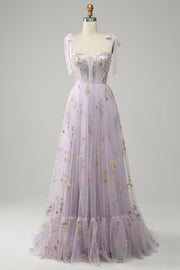Lavender A Line Corset Long Ball Dress with Embroidered Floral