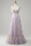Green A Line Tulle Corset Floor Length Ball Dress with Embroidered Floral