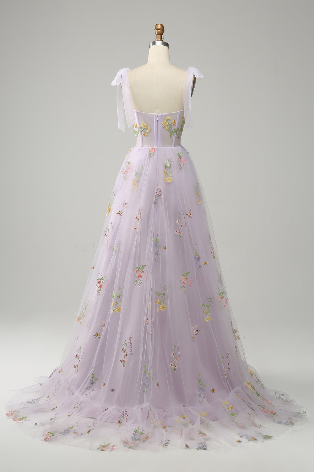 Lavender A Line Corset Long Ball Dress with Embroidered Floral