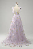 Lavender A Line Corset Long Ball Dress with Embroidered Floral