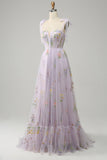 Lavender A Line Corset Long Ball Dress with Embroidered Floral