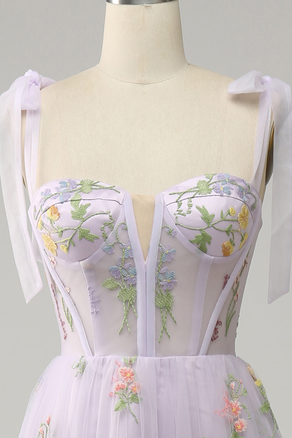 Lavender A Line Corset Long Ball Dress with Embroidered Floral
