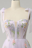 Lavender A Line Corset Long Ball Dress with Embroidered Floral