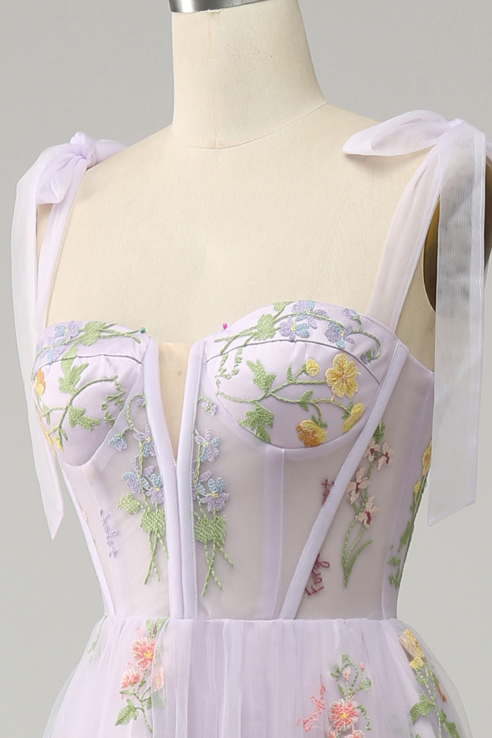 Lavender A Line Corset Long Ball Dress with Embroidered Floral