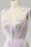 Lavender A Line Corset Long Ball Dress with Embroidered Floral