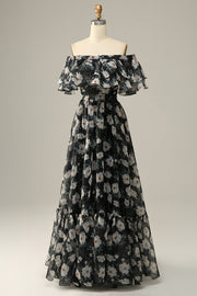 Detachable Strapless Black Flower Off The Shoulder Ball Dress
