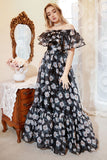 Black A Line Print Off Shoulder Plus Size Ball Dress