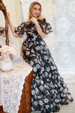 Black A Line Print Off Shoulder Plus Size Ball Dress