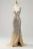Mermaid Deep V Neck Golden Long Ball Dress with Slit