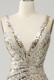 Mermaid Deep V Neck Golden Long Ball Dress with Slit