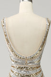 Mermaid Deep V Neck Golden Long Ball Dress with Slit