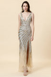 Sheath Deep V Neck Golden Beaded Ball Wear with Silt