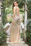 Mermaid Deep V Neck Golden Beading Long Ball Dress with Split Front
