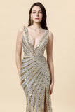 Sheath Deep V Neck Golden Beaded Ball Wear with Silt