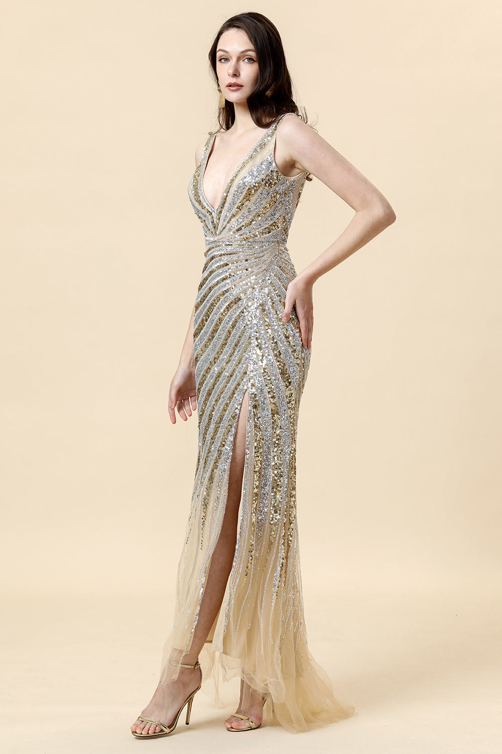 Sheath Deep V Neck Golden Beaded Ball Wear with Silt