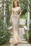 Mermaid Deep V Neck Golden Beading Long Ball Dress with Split Front