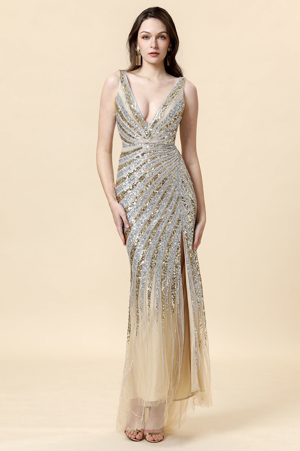 Sheath Deep V Neck Golden Beaded Ball Wear with Silt
