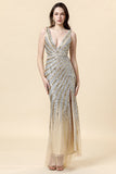 Sheath Deep V Neck Golden Beaded Ball Wear with Silt