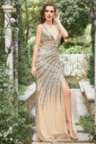 Mermaid Deep V Neck Golden Beading Long Ball Dress with Split Front
