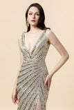 Sheath Deep V Neck Golden Beaded Ball Wear with Silt
