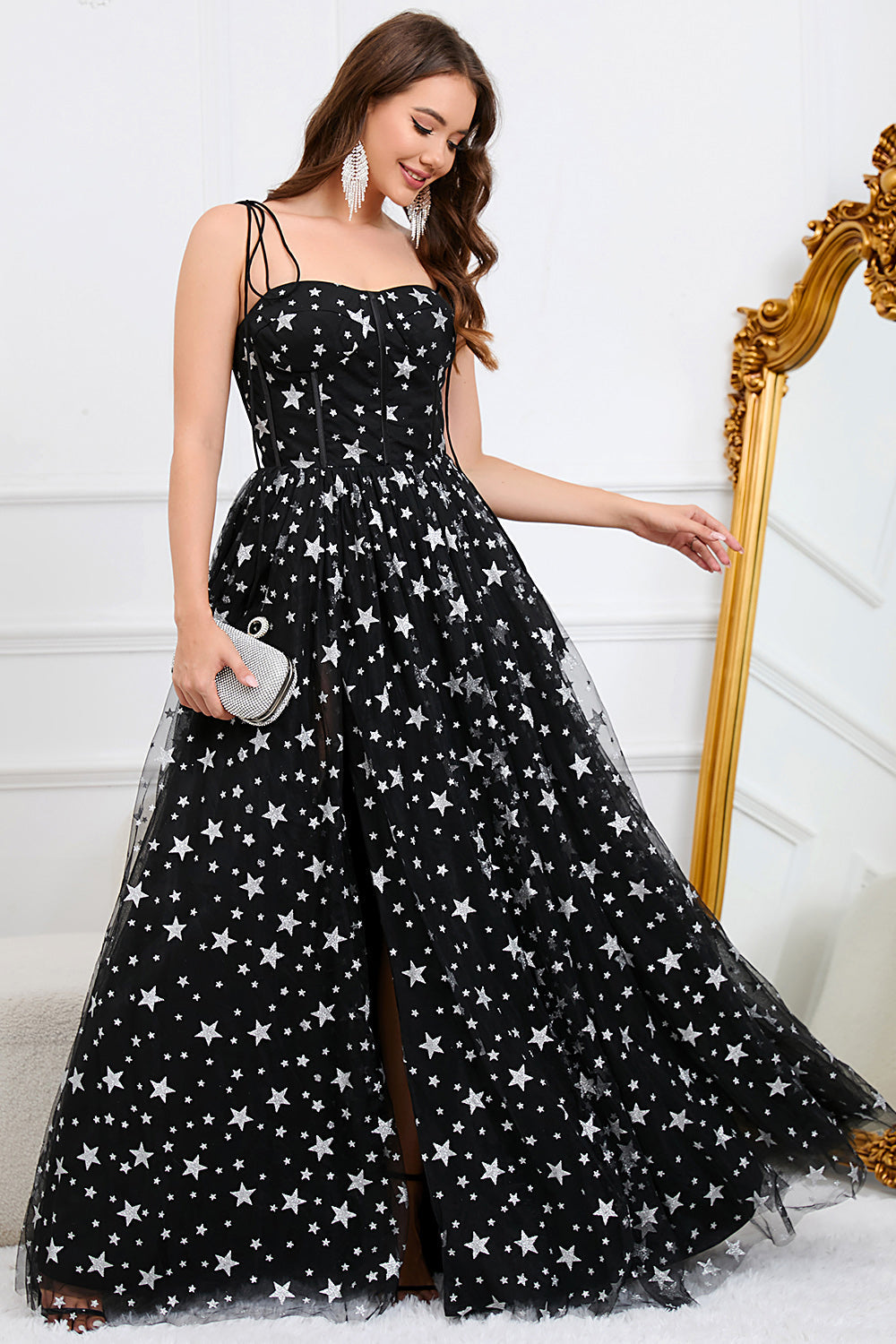 Tulle A-Line Spaghetti Straps Black Long Ball Dress with Stars