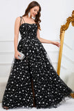 Tulle A-Line Spaghetti Straps Black Long Ball Dress with Stars