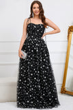 Tulle A-Line Spaghetti Straps Black Long Ball Dress with Stars