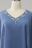 Grey Blue Sparkly Beaded Batwing Sleeves Mother of the Bride Dress