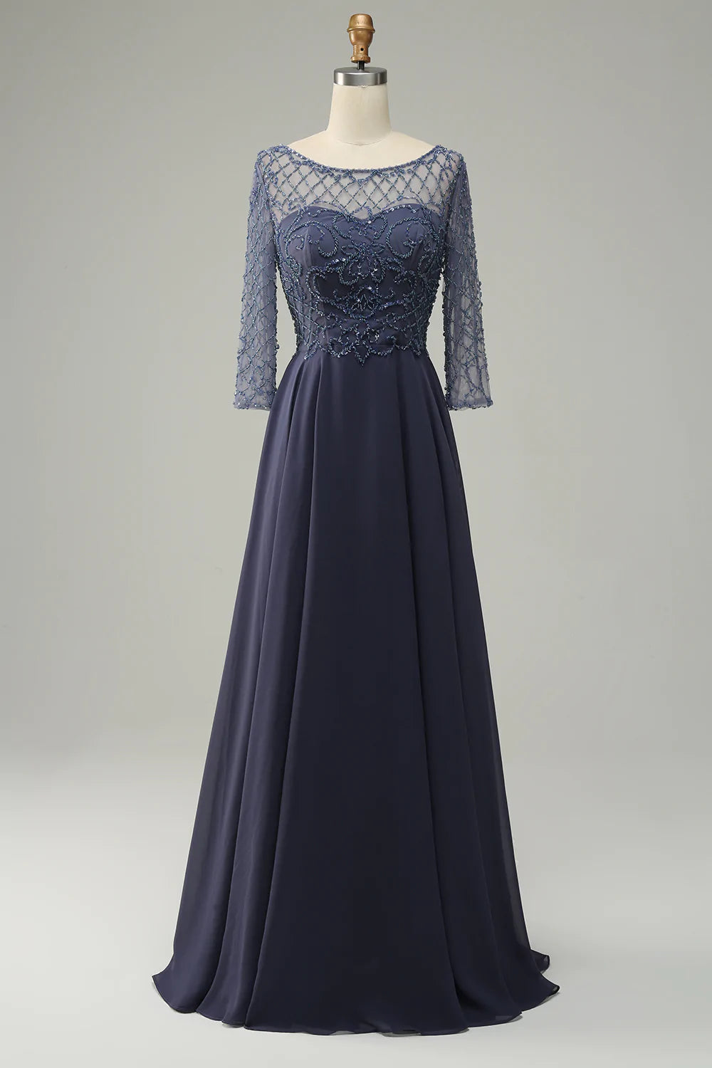 Grey Blue Beading Long Sleeves Long Mother of Bride Dress