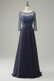 Grey Blue Beading Long Sleeves Long Mother of Bride Dress