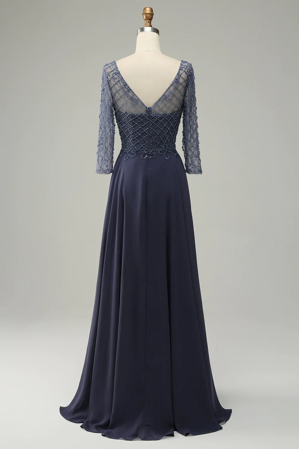 Grey Blue Beading Long Sleeves Long Mother of Bride Dress