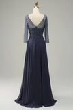 Grey Blue Beading Long Sleeves Long Mother of Bride Dress