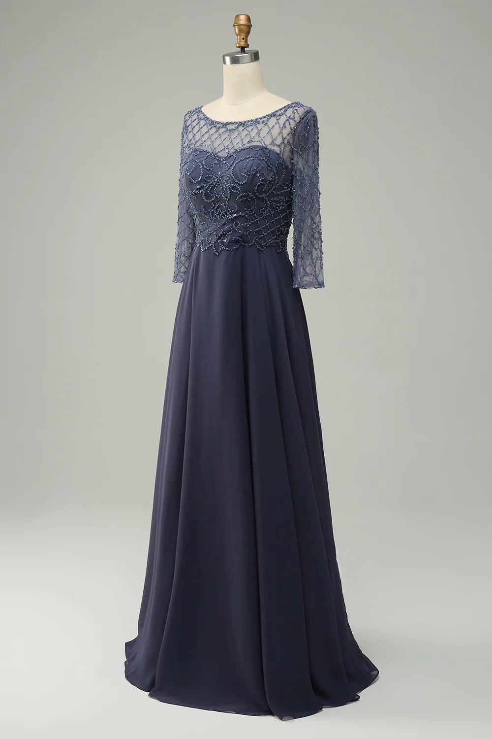 Grey Blue Beading Long Sleeves Long Mother of Bride Dress