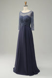 Grey Blue Beading Long Sleeves Long Mother of Bride Dress