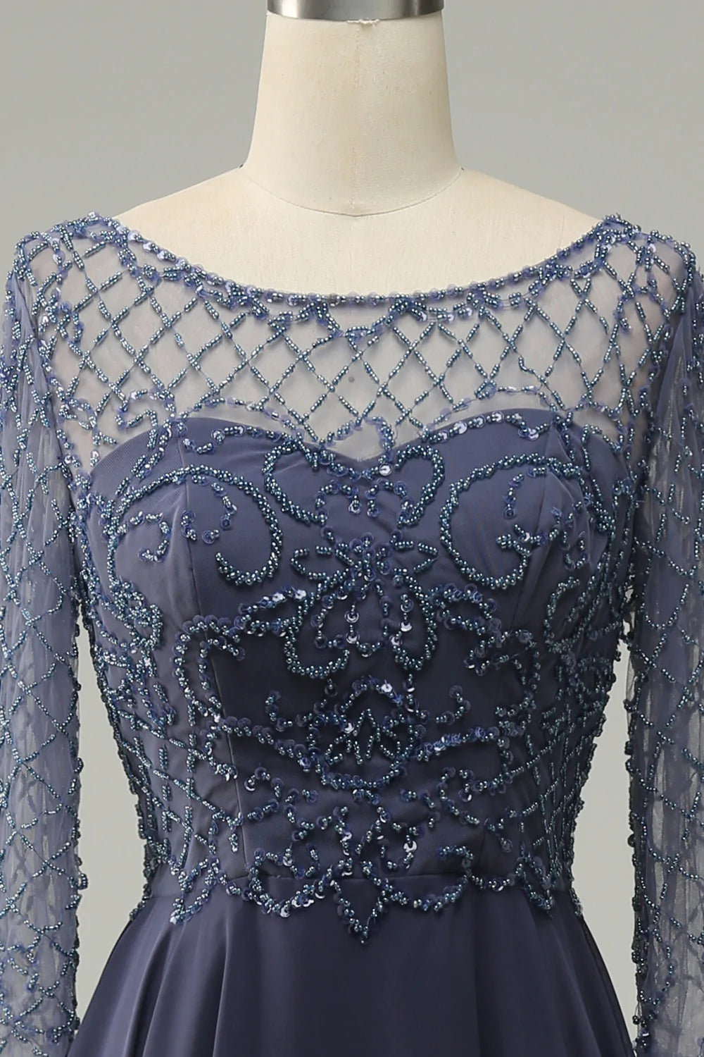 Grey Blue Beading Long Sleeves Long Mother of Bride Dress