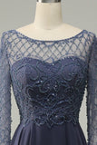Grey Blue Beading Long Sleeves Long Mother of Bride Dress