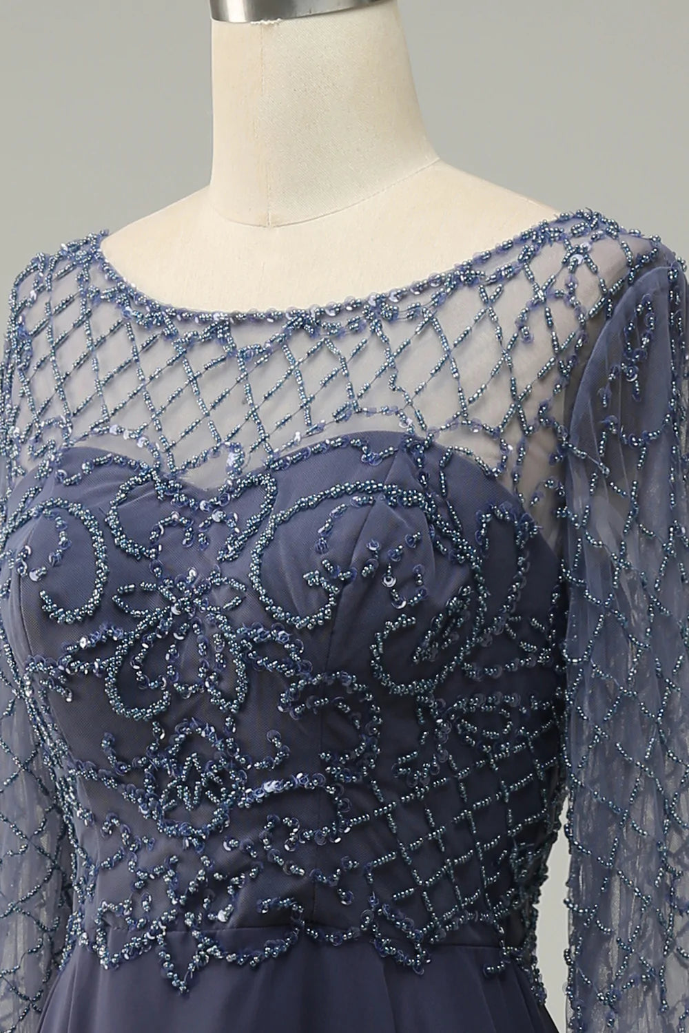 Grey Blue Beading Long Sleeves Long Mother of Bride Dress