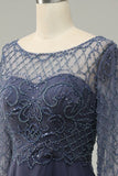 Grey Blue Beading Long Sleeves Long Mother of Bride Dress