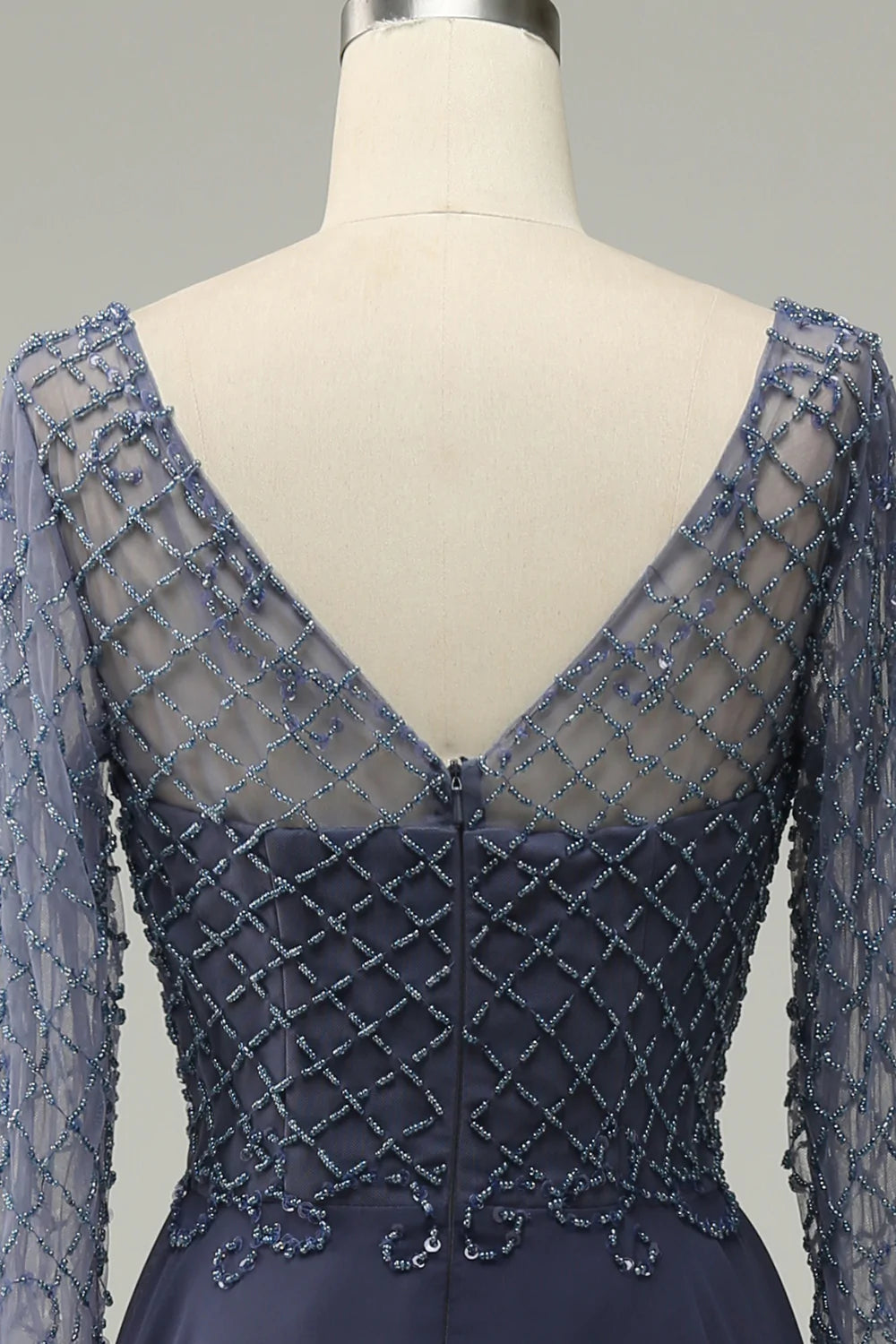 Grey Blue Beading Long Sleeves Long Mother of Bride Dress
