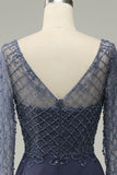Grey Blue Beading Long Sleeves Long Mother of Bride Dress