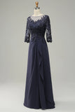 Long Sleeves Blue Long Mother of Bride Dress with Appliques