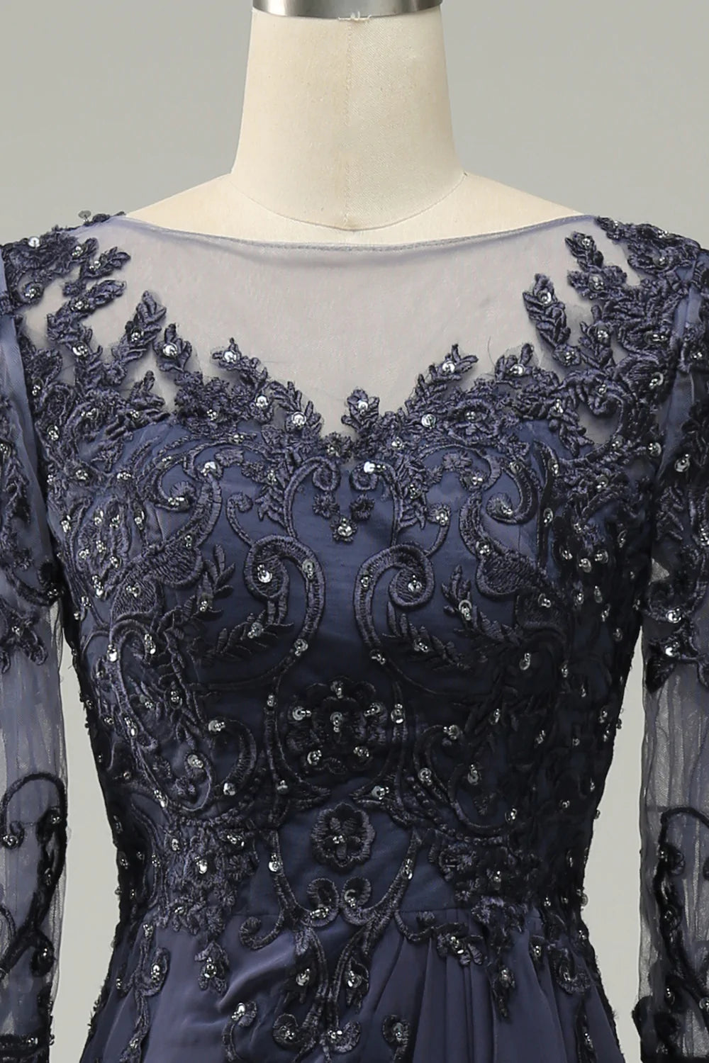 Long Sleeves Blue Long Mother of Bride Dress with Appliques
