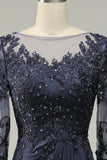 Long Sleeves Blue Long Mother of Bride Dress with Appliques