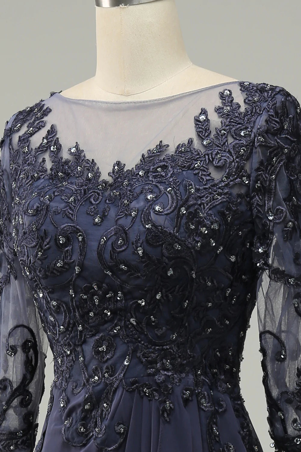 Long Sleeves Blue Long Mother of Bride Dress with Appliques