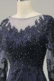 Long Sleeves Blue Long Mother of Bride Dress with Appliques