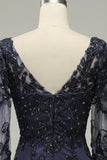 Long Sleeves Blue Long Mother of Bride Dress with Appliques