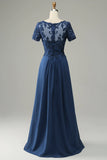 Grey Blue A Line Long Mother of Bride Dress with Appliques