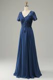 Grey Blue A Line Long Mother of Bride Dress with Appliques