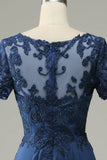 Grey Blue A Line Long Mother of Bride Dress with Appliques