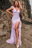 Mermaid Sweetheart Purple Sequins Long Ball Dress with Feather